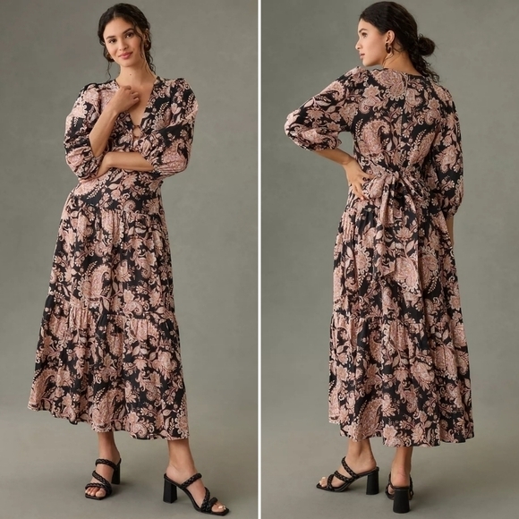 Anthropologie Dresses & Skirts - Anthropologie Kivari Floral Paisley Puff Sleeve Plunge Neck Maxi Dress